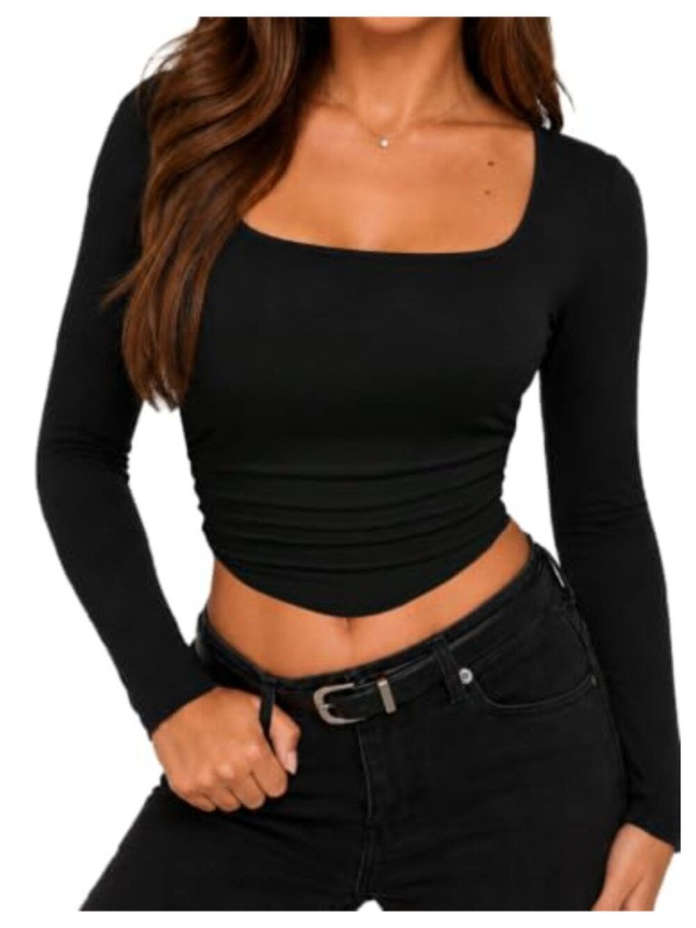 Square Neck Long Sleeve Crop Top V Hem Slim Fit Blouse